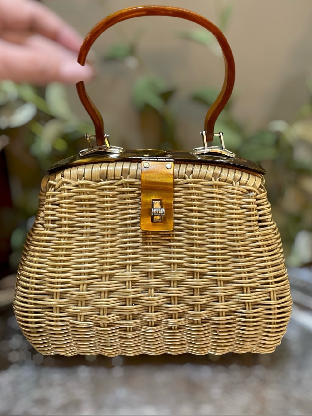 Vintage Simon Wicker Woven Lucite Top Handle Satchel Bag Hong Kong